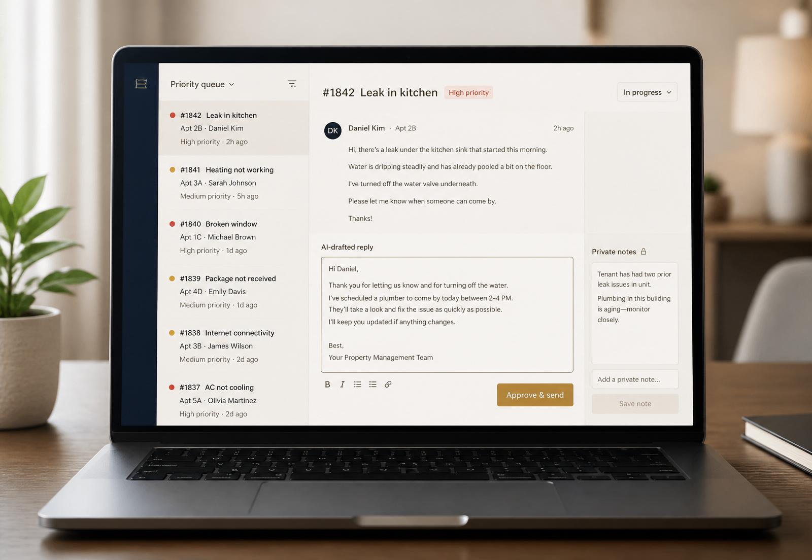 Tenant Desk AI manager dashboard showing a priority queue and an editable AI-drafted reply